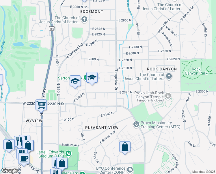 map of restaurants, bars, coffee shops, grocery stores, and more near 2405 Timpview Drive in Provo