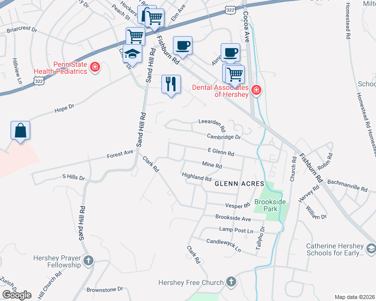 map of restaurants, bars, coffee shops, grocery stores, and more near 98 Cambridge Drive in Hershey