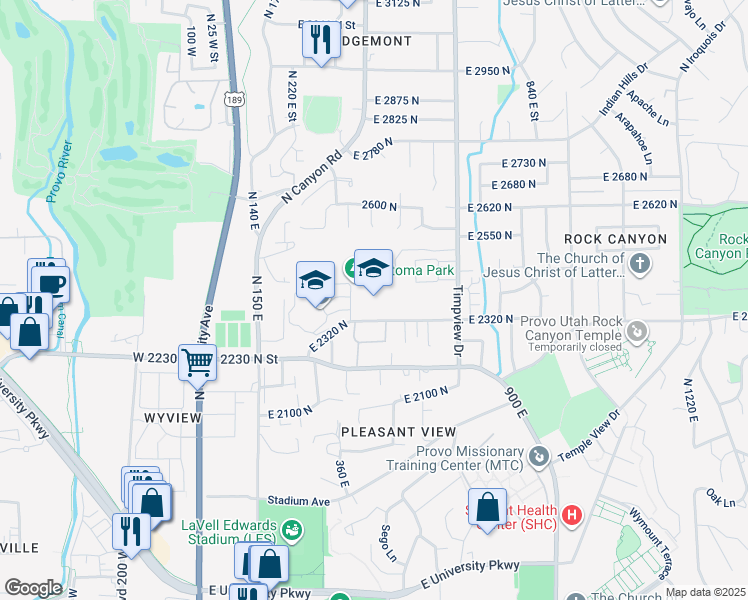 map of restaurants, bars, coffee shops, grocery stores, and more near 467 East Normandy Drive in Provo