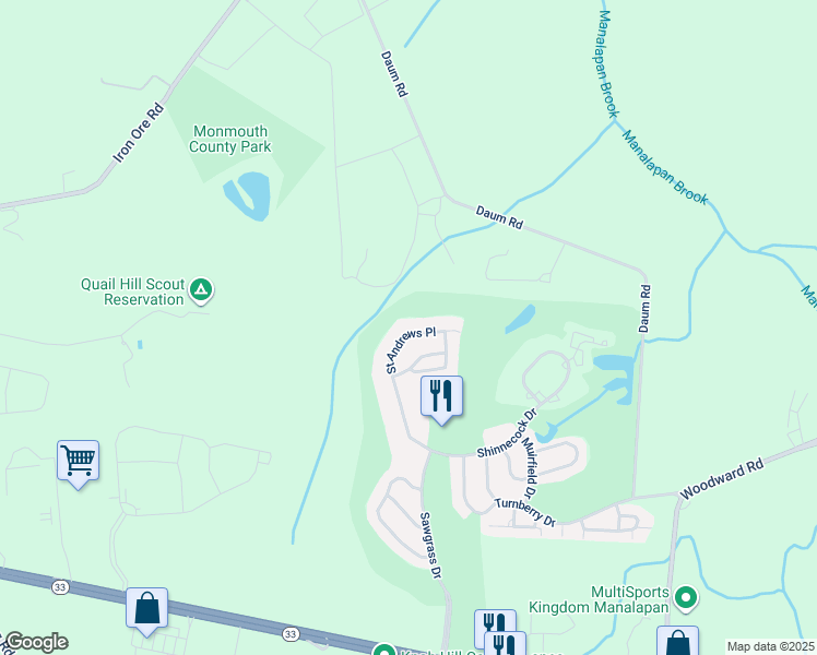 map of restaurants, bars, coffee shops, grocery stores, and more near 565 Saint Andrews Place in Manalapan Township