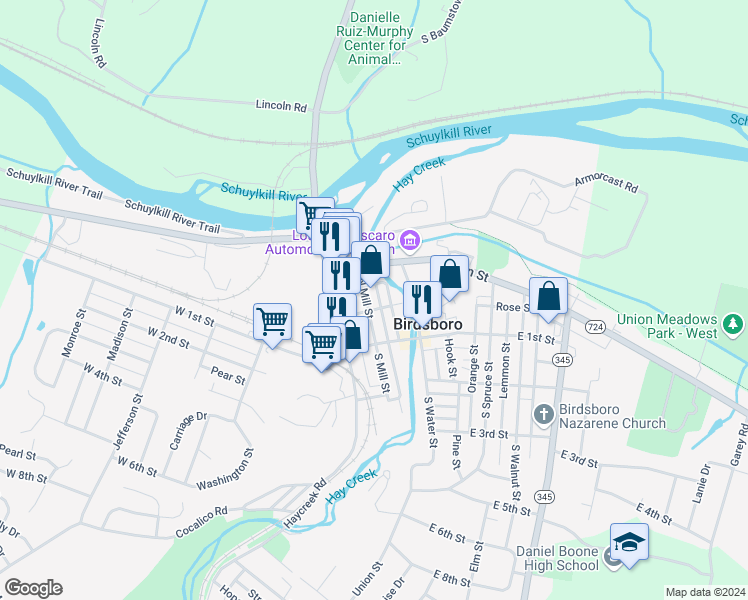 map of restaurants, bars, coffee shops, grocery stores, and more near 234 North Mill Street in Boyertown