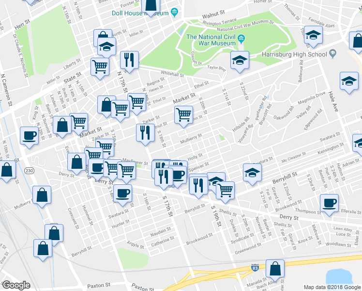 map of restaurants, bars, coffee shops, grocery stores, and more near 1902 Mulberry Street in Harrisburg