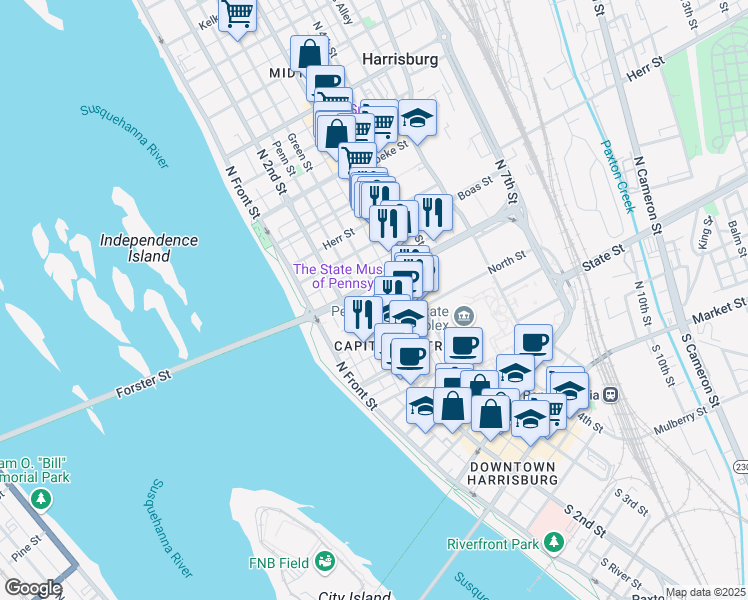 map of restaurants, bars, coffee shops, grocery stores, and more near 220 Forster Street in Harrisburg