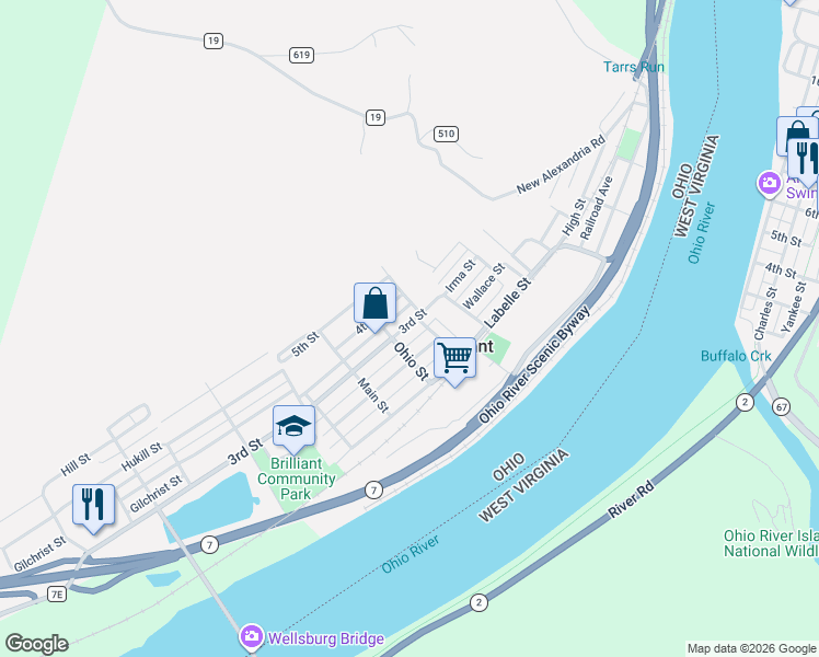 map of restaurants, bars, coffee shops, grocery stores, and more near 201 Isabelle Street in Brilliant