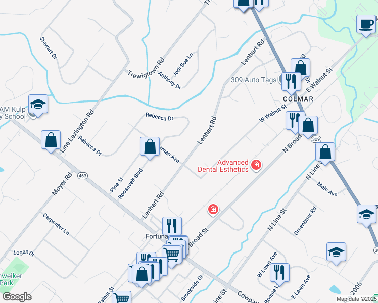 map of restaurants, bars, coffee shops, grocery stores, and more near 2222 Lenhart Road in Colmar