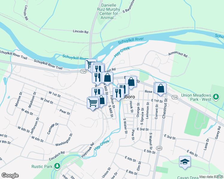 map of restaurants, bars, coffee shops, grocery stores, and more near 208 Cinder Street in Birdsboro