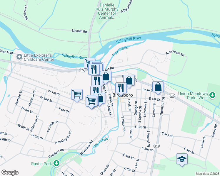 map of restaurants, bars, coffee shops, grocery stores, and more near 208 Cinder Street in Birdsboro
