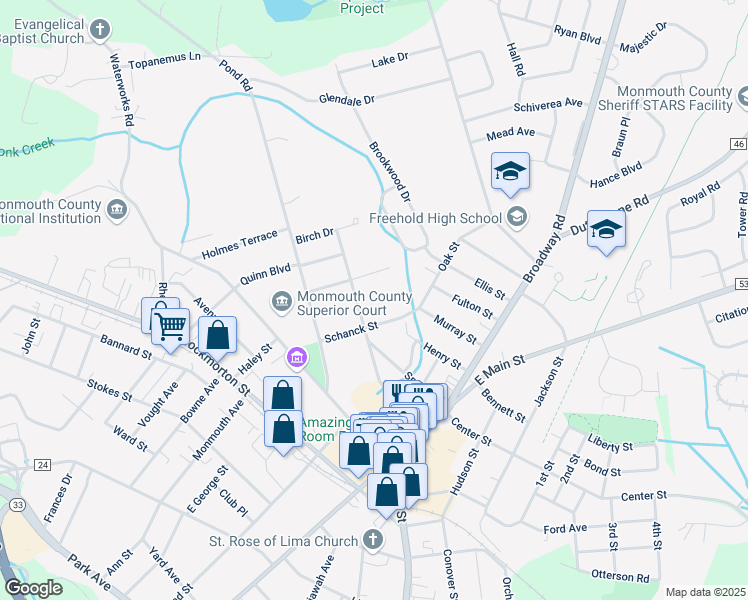 map of restaurants, bars, coffee shops, grocery stores, and more near 16 Edgewood Drive in Freehold