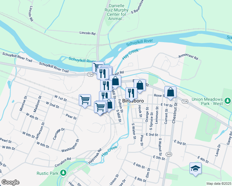 map of restaurants, bars, coffee shops, grocery stores, and more near 211 North Mill Street in Boyertown