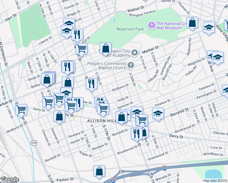 map of restaurants, bars, coffee shops, grocery stores, and more near 1902 Mulberry Street in Harrisburg