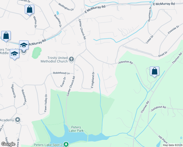 map of restaurants, bars, coffee shops, grocery stores, and more near 183 East Highland Drive in Canonsburg