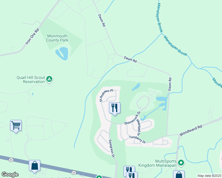 map of restaurants, bars, coffee shops, grocery stores, and more near 548 Saint Andrews Place in Manalapan Township