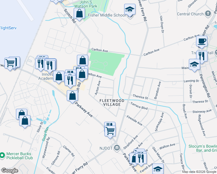 map of restaurants, bars, coffee shops, grocery stores, and more near 11 Shelton Avenue in Ewing Township