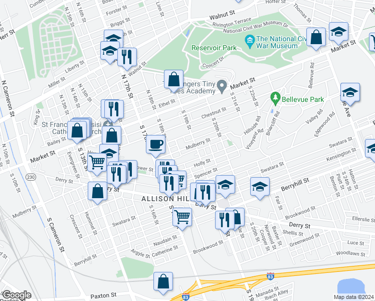 map of restaurants, bars, coffee shops, grocery stores, and more near 1835 Mulberry Street in Harrisburg