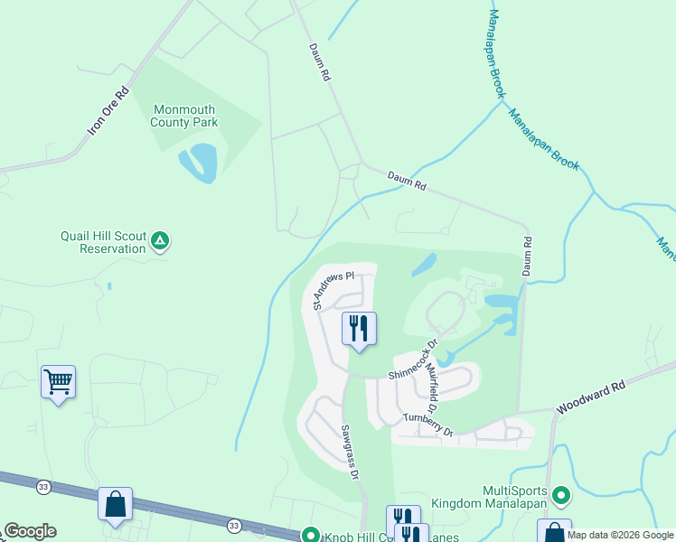 map of restaurants, bars, coffee shops, grocery stores, and more near 537 Saint Andrews Place in Manalapan Township