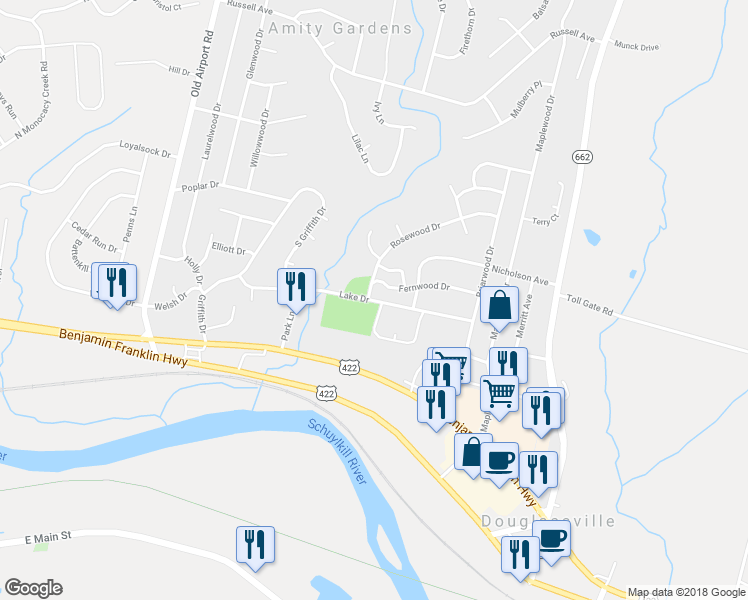 map of restaurants, bars, coffee shops, grocery stores, and more near 611 Lake Drive in Douglassville