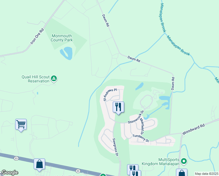 map of restaurants, bars, coffee shops, grocery stores, and more near 569 Saint Andrews Place in Manalapan Township
