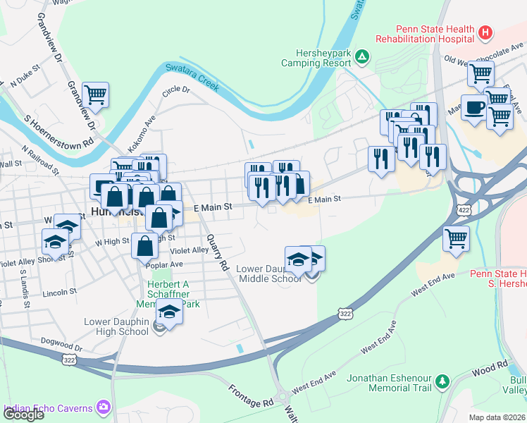 map of restaurants, bars, coffee shops, grocery stores, and more near 300 East Main Street in Hummelstown