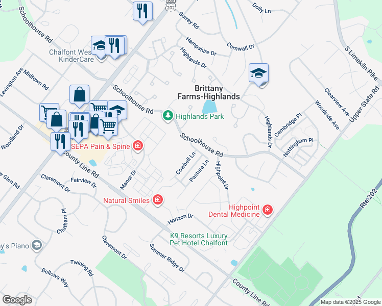 map of restaurants, bars, coffee shops, grocery stores, and more near 87 Cowbell Lane in Chalfont