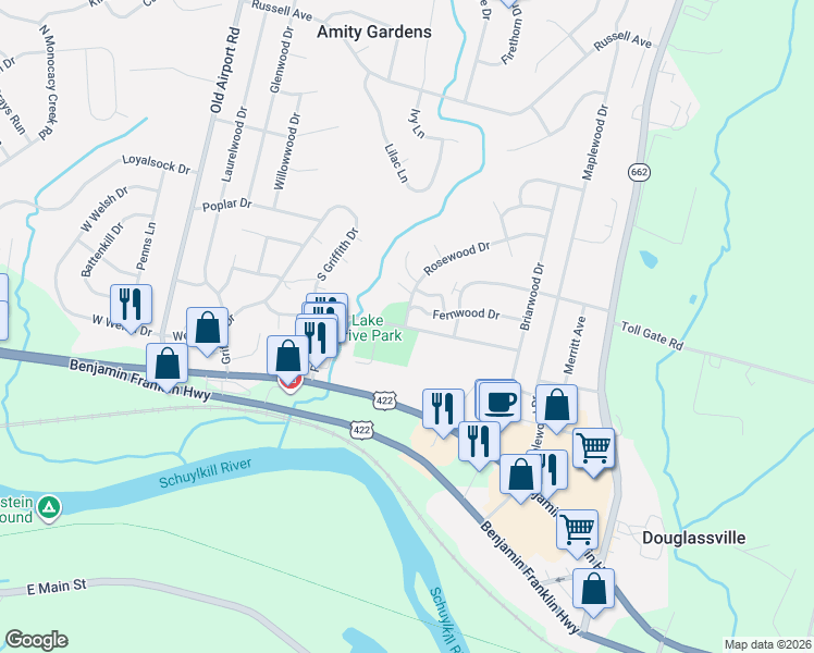 map of restaurants, bars, coffee shops, grocery stores, and more near 1 Lenape Lane in Douglassville