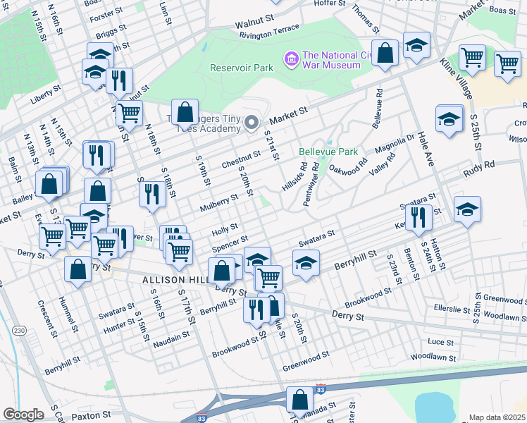 map of restaurants, bars, coffee shops, grocery stores, and more near 2008 Holly Street in Harrisburg