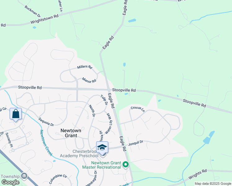 map of restaurants, bars, coffee shops, grocery stores, and more near 399 Eagle Road in Newtown