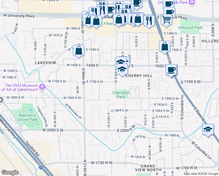 map of restaurants, bars, coffee shops, grocery stores, and more near 1713 South 145 East in Orem