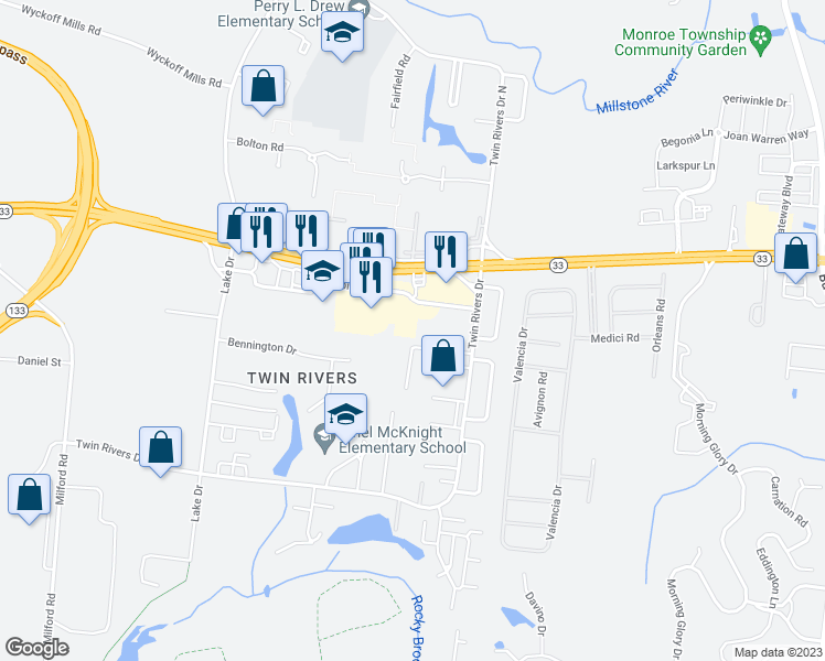 map of restaurants, bars, coffee shops, grocery stores, and more near 544 Nettleton Drive in East Windsor