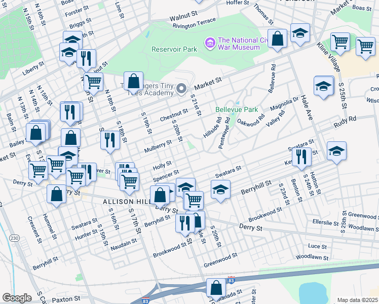 map of restaurants, bars, coffee shops, grocery stores, and more near 2008 Holly Street in Harrisburg