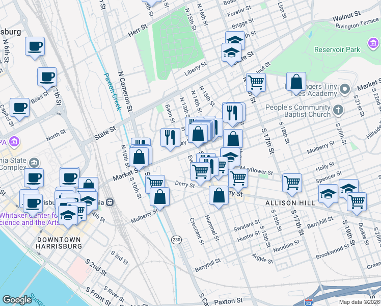 map of restaurants, bars, coffee shops, grocery stores, and more near 1270 Market Street in Harrisburg