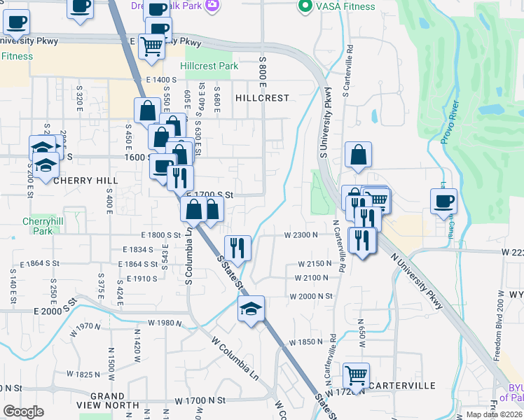 map of restaurants, bars, coffee shops, grocery stores, and more near 790 East 1740 South in Orem