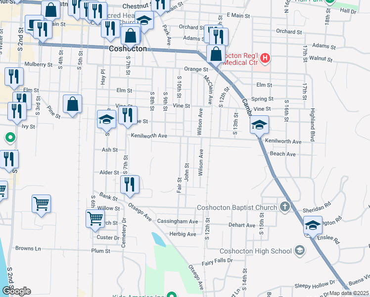 map of restaurants, bars, coffee shops, grocery stores, and more near 989 Kenilworth Avenue in Coshocton