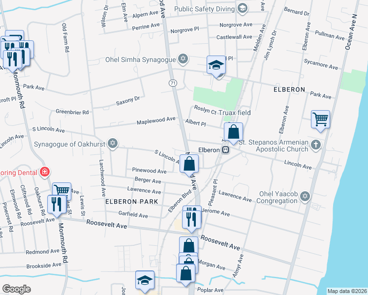 map of restaurants, bars, coffee shops, grocery stores, and more near 1001 Norwood Avenue in Long Branch