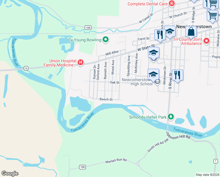 map of restaurants, bars, coffee shops, grocery stores, and more near 532 Wood Avenue in Newcomerstown