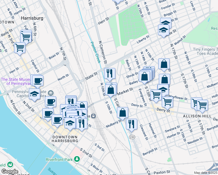 map of restaurants, bars, coffee shops, grocery stores, and more near 27 North Cameron Street in Harrisburg