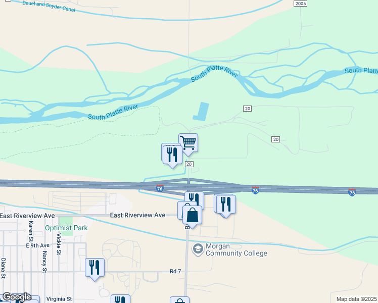 map of restaurants, bars, coffee shops, grocery stores, and more near 920 Barlow Road in Fort Morgan