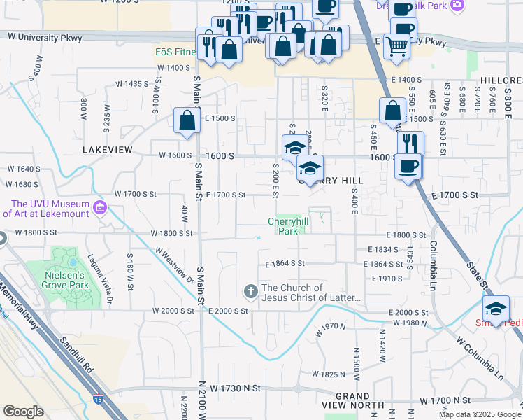 map of restaurants, bars, coffee shops, grocery stores, and more near 1731 South 145 East in Orem