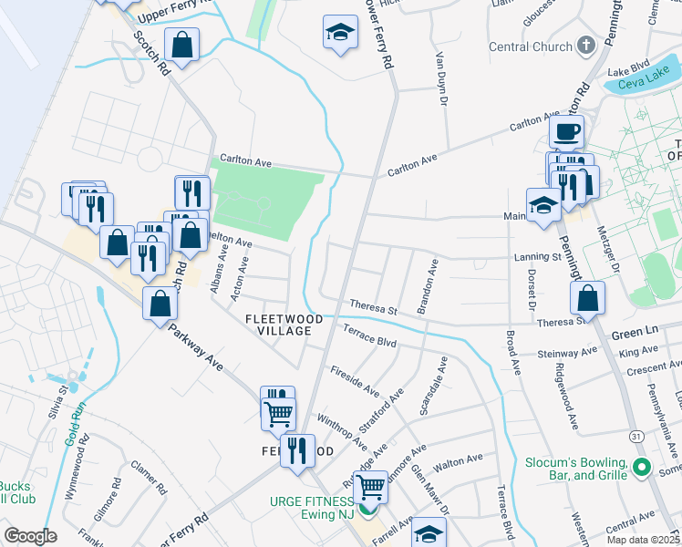 map of restaurants, bars, coffee shops, grocery stores, and more near 1191 Lower Ferry Road in Ewing Township