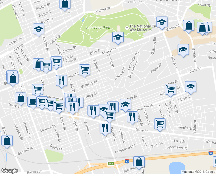 map of restaurants, bars, coffee shops, grocery stores, and more near 2014 Holly Street in Harrisburg