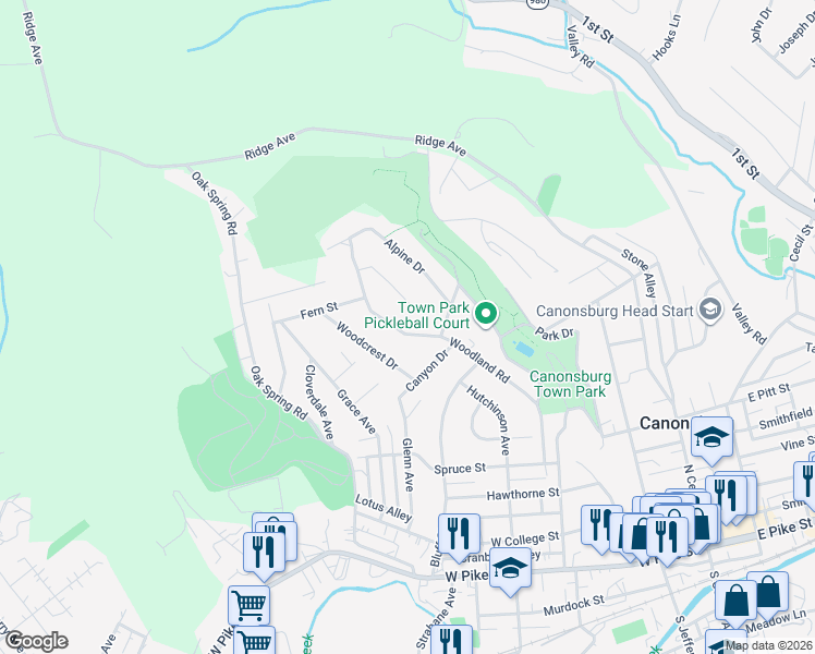 map of restaurants, bars, coffee shops, grocery stores, and more near 642 Woodland Road in Canonsburg