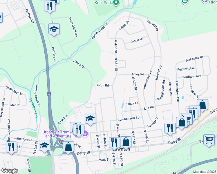 map of restaurants, bars, coffee shops, grocery stores, and more near 4795 Tipton Road in Harrisburg