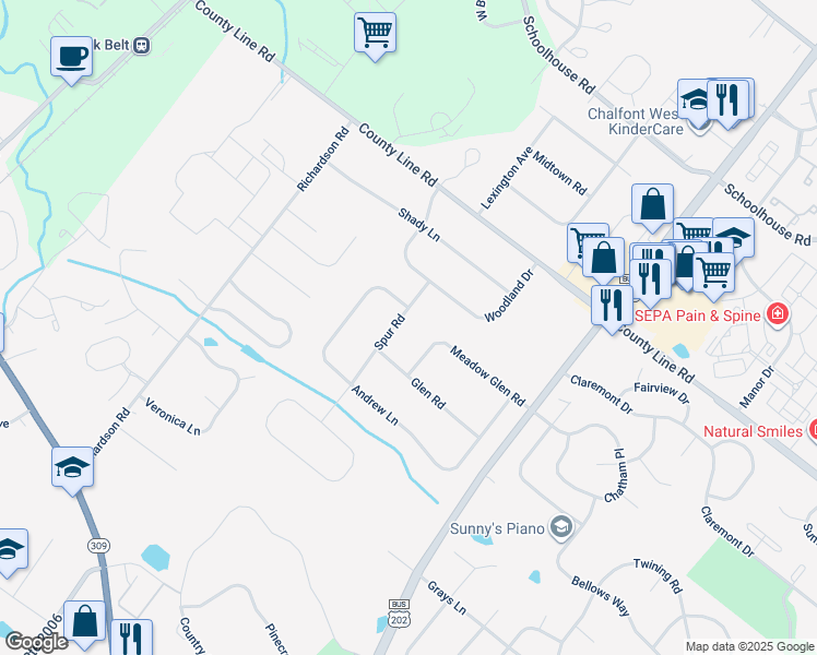 map of restaurants, bars, coffee shops, grocery stores, and more near 8 Spur Road in Lansdale