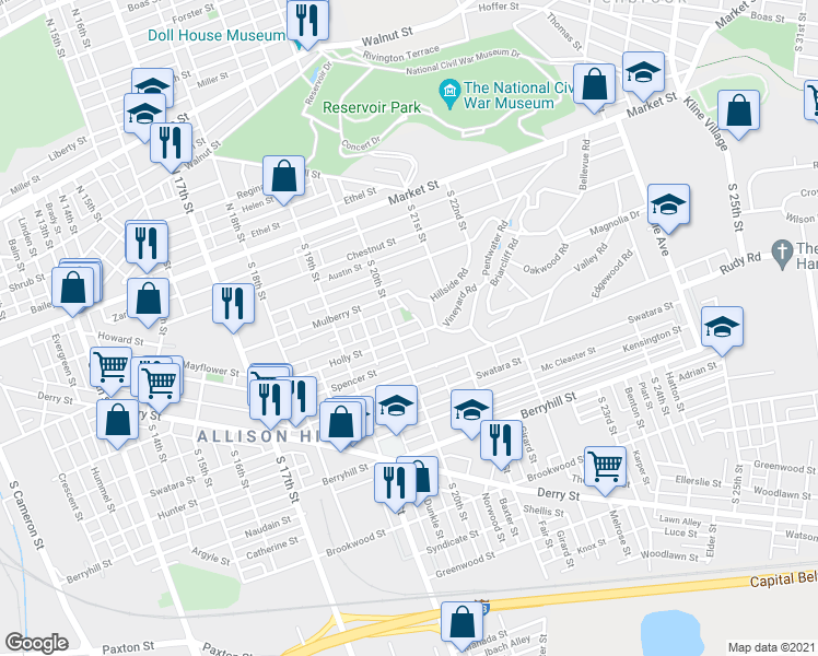 map of restaurants, bars, coffee shops, grocery stores, and more near 2014 Holly Street in Harrisburg