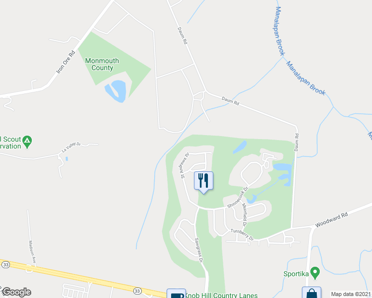 map of restaurants, bars, coffee shops, grocery stores, and more near 565 Saint Andrews Place in Manalapan Township