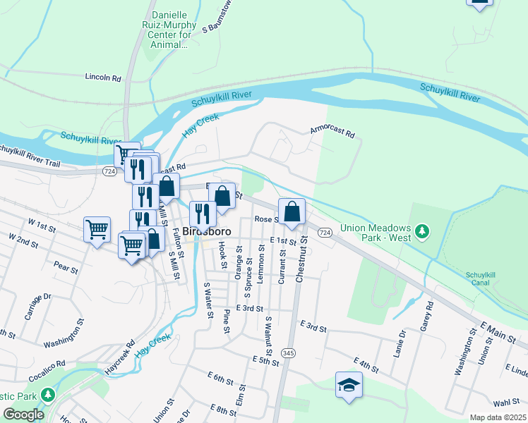 map of restaurants, bars, coffee shops, grocery stores, and more near 640 East Main Street in Birdsboro