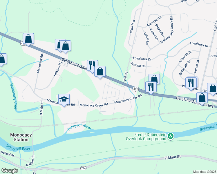 map of restaurants, bars, coffee shops, grocery stores, and more near 96 Valley View Road in Birdsboro