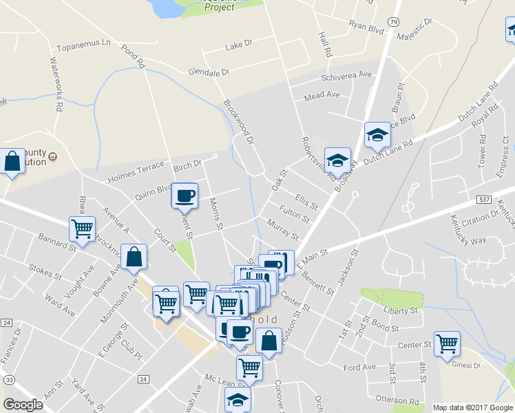map of restaurants, bars, coffee shops, grocery stores, and more near 3 Oak Street in Freehold