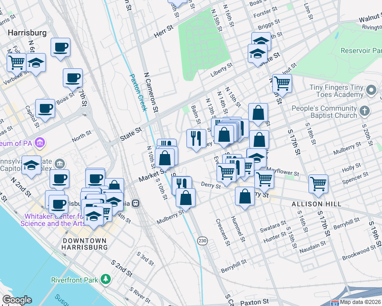 map of restaurants, bars, coffee shops, grocery stores, and more near 1121 Jonestown Road in Harrisburg
