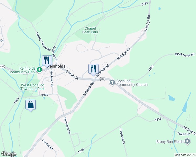 map of restaurants, bars, coffee shops, grocery stores, and more near 20 North Ridge Road in Reinholds