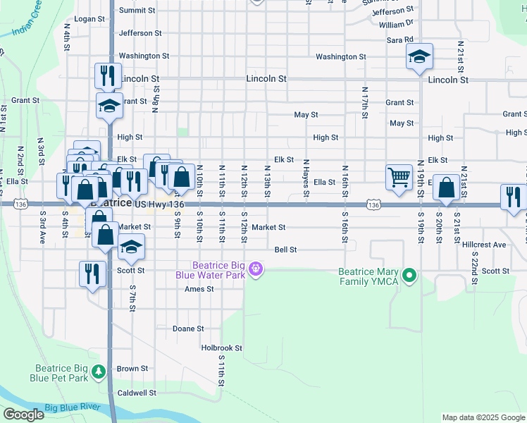 map of restaurants, bars, coffee shops, grocery stores, and more near 1208 Court Street in Beatrice
